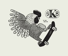 SK8. Rooster Skateboarding. Vintage Minimalistic Typography Skateboarding Vector Illustration T-shirt Print.