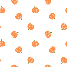 All Over Halloween Seamless Vector Repeat Pattern With Tossed Orange And Green Pumpkin Silhouettes On White Background. Simple And Sophisticated 4 Way Harvest Thanksgiving Backdrop