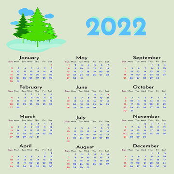 Calendar for 2022 with green Christmas trees.