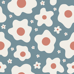Poster - Cute floral seamless pattern with small and big abstract white flowers on blue background. Modern elegant fashion print. Vector hand drawn illustration	