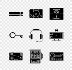 Poster - Set Video game console, Mystery or random box, Mobile playing in, Slot machine, Create account screen, Ancient key for and Headphones icon. Vector