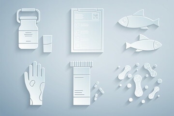 Wall Mural - Set Medicine bottle and pills, Fish, Hand with psoriasis or eczema, Bacteria, Clinical record and Can container for milk icon. Vector