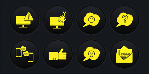 Poster - set chat messages on mobile, speech bubble question, hand thumb up, with sad smile, angry, computer 