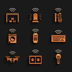 Wall Mural - Set Smart remote control, electrical outlet, light bulb, Wireless keyboard, drone, washer, thermometer and warehouse icon. Vector