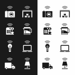 Sticker - Set Smart electric kettle, coffee machine, photo camera, warehouse, light bulb, Wireless laptop, table lamp and truck icon. Vector