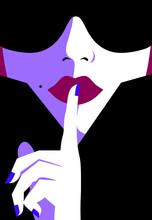 Woman In Dark Glasses Holding A Finger To Her Lips Asking For Discretion Or To Hold A Secret, EPS 8 Vector Illustration 