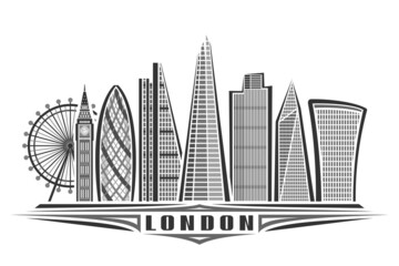 Wall Mural - Vector illustration of London, monochrome horizontal poster with linear design famous london city scape, urban line art concept with unique decorative letters for word london on white background.