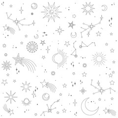 stars, moons and constellations. linear design astrology elements. seamless pattern of celestial spa