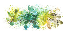 Art Watercolor Flow Blot With Drops Splash. Abstract Texture Green Color Stain On White Horizontal Long Background.