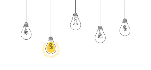 Wall Mural - One continuous line drawing of hanging light bulbs with one shining. Concept of creative idea in simple linear style. Editable stroke. Vector illustration