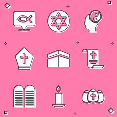 Sticker - Set Christian fish, Star of David, Yin Yang, Pope hat, Kaaba mosque, Decree, paper, parchment, scroll, The commandments and Burning candle icon. Vector