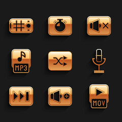 Sticker - Set Arrow shuffle, Speaker volume, MOV file, Microphone, Fast forward, MP3, mute and Selfie mobile icon. Vector