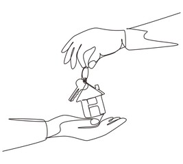 Poster - Continuous one line drawing hand giving house keys to customer. Businessman in suit giving house key. Mortgage, credit or buying property concept. Single line draw design vector graphic illustration