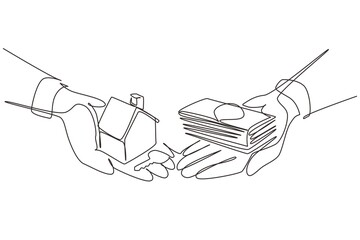 Poster - continuous one line drawing buying house. agent of real estate holding in hand house, key. buyer, cu