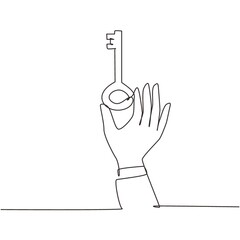 Poster - continuous one line drawing hand holding vintage key. key takeaways design. hand with an old key. re