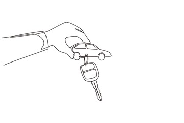 Poster - single one line drawing man handing over keys. car rental for sale. hand holding car key with alarm 