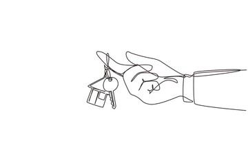 Poster - single one line drawing hand hold a key of house or apartment. real estate. man hand holding key fro