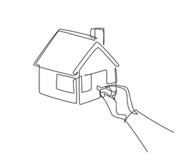 Poster - Single one line drawing insert key into keyhole house. Open the doors. Real Estate concept, template for sales, rental, advertising. Sign on home. Modern continuous line draw design graphic vector