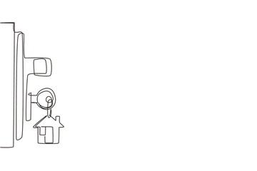 Aufkleber - Single one line drawing key in keyhole on door. Real Estate concept, template for sales, rental, advertising. Sign on the home key. Modern continuous line draw design graphic vector illustration