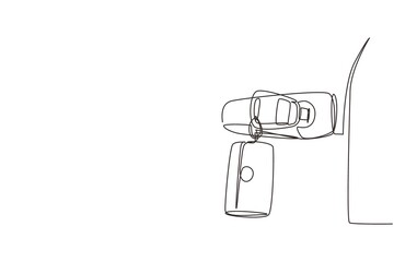 Poster - Continuous one line drawing car keys were plugged into car door. Sale, lease and purchase of cars. Auto rental concept. Suitable for vehicle business. Single line design vector graphic illustration