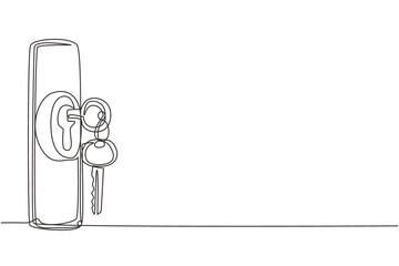 Poster - Single one line drawing keys stuck in lock in vintage style. Insert key into keyhole house. Open door. Real Estate concept, template for sales, rental, advertising. Continuous line draw drawing vector