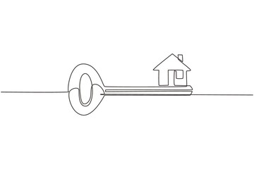 Poster - Single one line drawing key with house shape. Home security key house logo design. Real Estate concept, template for sales, rental, advertising. Continuous line draw design graphic vector illustration