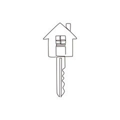 Sticker - Single continuous line drawing black flat style key and house icon shape. Elegant key house logo design, real estate logo icon symbol design vector template. One line draw graphic design illustration