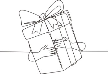 Poster - Continuous one line drawing man holds big gift box with ribbon and bow. White box wrapped with ribbon. Decorative gift or cardboard box with bow. Single line draw design vector graphic illustration
