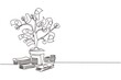 Single continuous line drawing money tree. Green cash banknotes with golden coins. Tree in ceramic pot. Concept of earnings, success in work, money. One line draw graphic design vector illustration