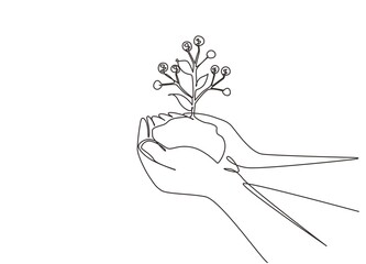 Poster - Single continuous line drawing hands of farmer is planting money seedlings into soil. Money, saving and investment or family planning concept. Dynamic one line draw graphic design vector illustration