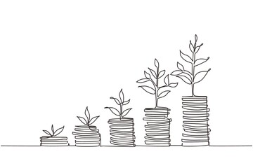 Poster - Single continuous line drawing step of coins stacks, money, saving and investment or family planning. Concept for return money saving and investment. One line draw graphic design vector illustration