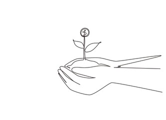 Poster - Single continuous line drawing hand holding sprout a money tree on nature field. Money tree investment growth income interest savings economy funds stock market. One line draw graphic design vector