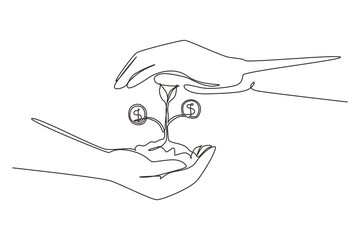 Poster - Single one line drawing hand holding money tree on nature field. Growing money tree. Concept for return money saving and investment. Modern continuous line draw design graphic vector illustration