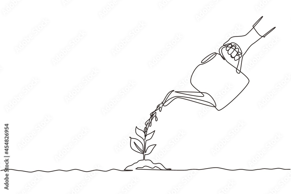 Single continuous line drawing hand holding watering can watering plant ...