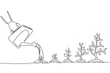 Single Continuous Line Drawing Hand With Can Watering Plant At Garden. Earth Day Save Environment Concept. Growing Seedling Forester Planting. Dynamic One Line Draw Graphic Design Vector Illustration
