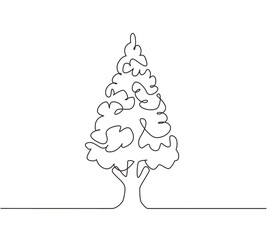 Poster - Single continuous line drawing spruces trees on green meadow in front view isolated, green dense spruce forest in summer sunny day, European forest. One line draw graphic design vector illustration