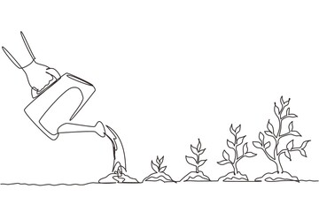 Wall Mural - Single continuous line drawing hand with can watering plant at garden. Earth day save environment concept. Growing seedling forester planting. Dynamic one line draw graphic design vector illustration