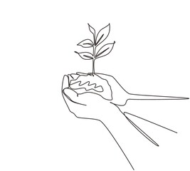 Wall Mural - single continuous line drawing hands of the farmer are planting the seedlings into the soil. hand ho