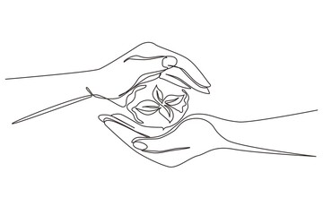Wall Mural - single one line drawing ecology sapling tree growing up and planting on land. hands kids team work p