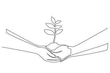 Continuous one line drawing two hands holding together a green young plant. Hand holding tree on nature field grass Forest conservation concept. Single line draw design vector graphic illustration