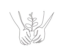 Poster - Single one line drawing farmer's hands growing young tree, save world, heal world, love nature. Ecology sapling tree growing up and planting on land. Continuous line draw design vector illustration
