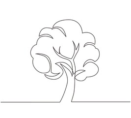 Poster - Single one line drawing green tree fertile on white background, trees for decorating garden and home designs. Earth day, ecology concept. Modern continuous line draw design graphic vector illustration