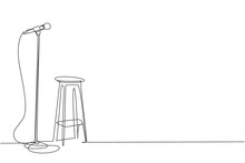 Single Continuous Line Drawing Microphone And Stool On Stand Up Comedy Stage. Equipment At Night Club Or Bar For Stand Up Comedian Performance. Dynamic One Line Draw Graphic Design Vector Illustration