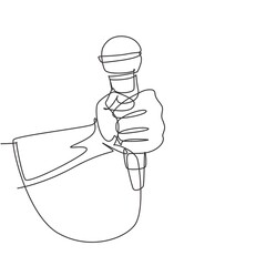 Single one line drawing karaoke man sings song to microphone. Singer holding a microphone in his hand at karaoke singer sings the song. Modern continuous line draw design graphic vector illustration