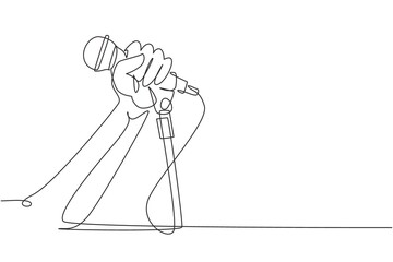 Poster - Continuous one line drawing singer using microphone. Karaoke people sings the song to microphone. Stand up comedian holding microphone in his hand. Single line draw design vector graphic illustration