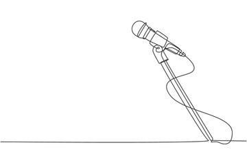 Poster - Single one line drawing stand with microphone on white background. Singer sing song with standing mic at music concert summer festival. Modern continuous line draw design graphic vector illustration