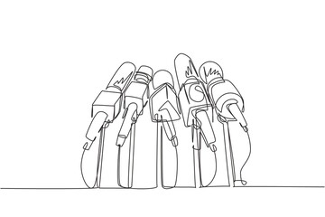 Poster - Single continuous line drawing live news template with microphone. Journalist journalism concept. Newsmakers and interviewers. Different tv signs. One line draw graphic design vector illustration