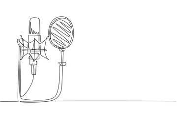 Poster - Single one line drawing technology object, sound recording equipment concept. Studio silver microphone and black pop shield on mic stand. Modern continuous line draw design graphic vector illustration