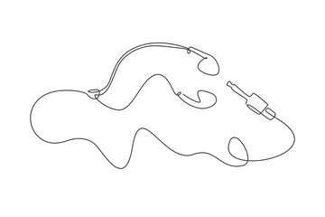 Poster - single one line drawing white music earphones with connector. earphones hand drawn outline sketch. b