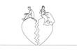 Continuous one line drawing relationship break up, broken heart, couple facing opposite direction. Married couple sitting on big broken heart shape. Single line draw design vector graphic illustration